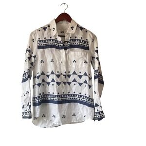 J.Crew Womens 100% Linen Navy White Geometric Tribal Print Button Down Shirt 0